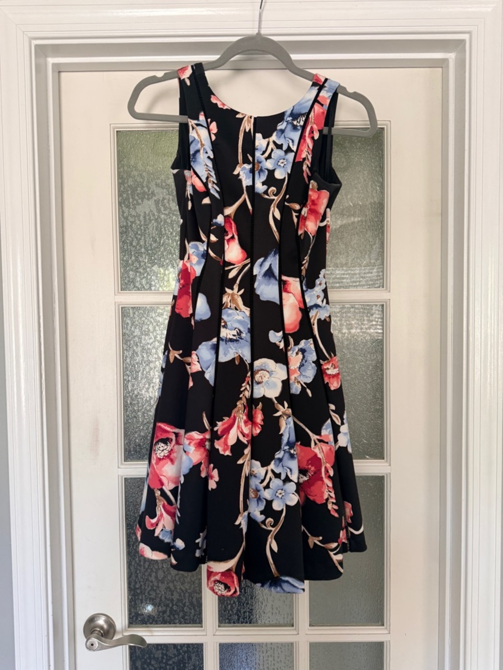 White House Black Market Black Floral Fit & Flare Dress with Pink & Blue Blooms